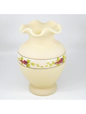 Fenton Cameo Satin Vase Artist Signed Hand Painted Grapes Leaves 6.5" VTG Retro